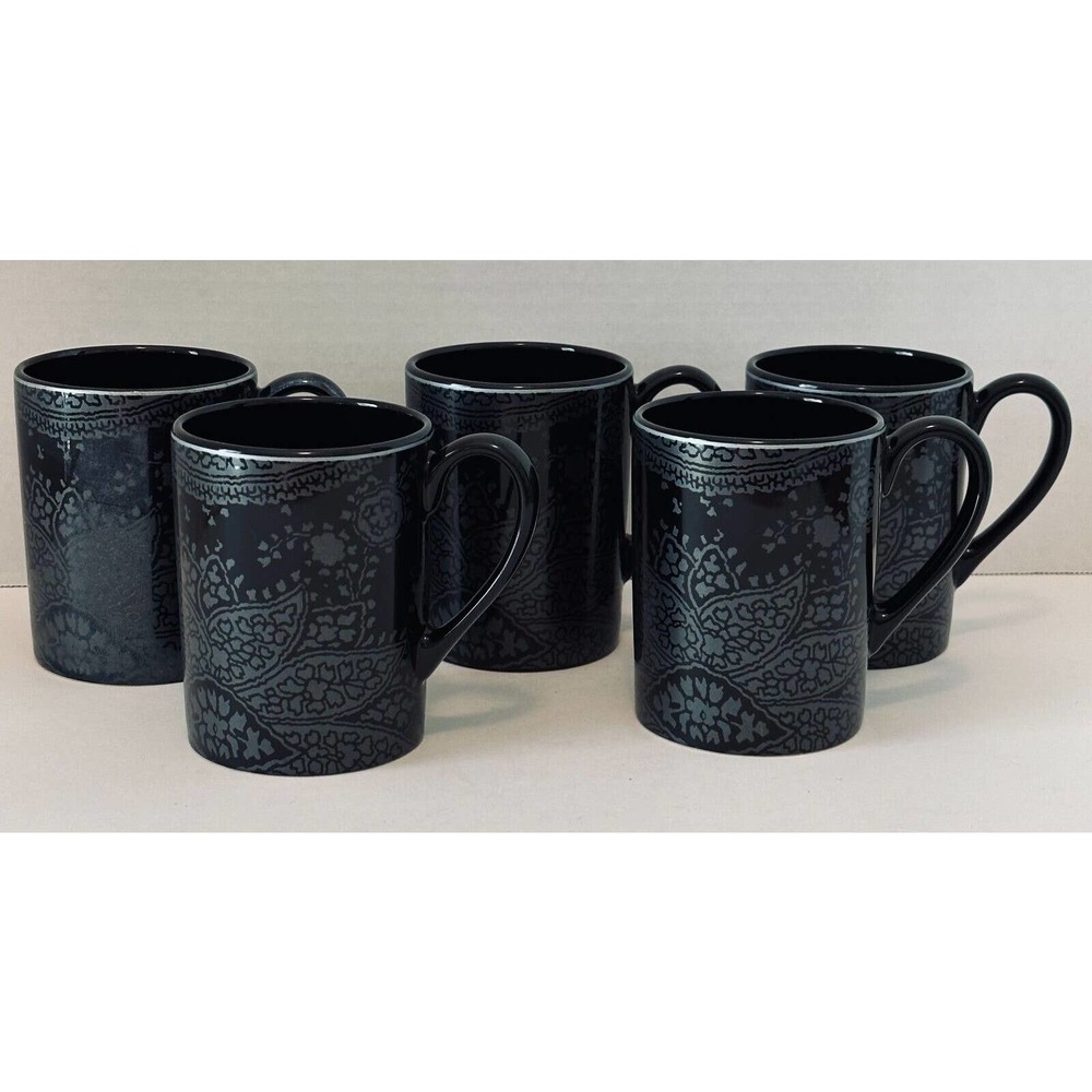 NAUTICA Sloane Square Cup/Mug Set of 5 Silver Floral on Black *Discontinued